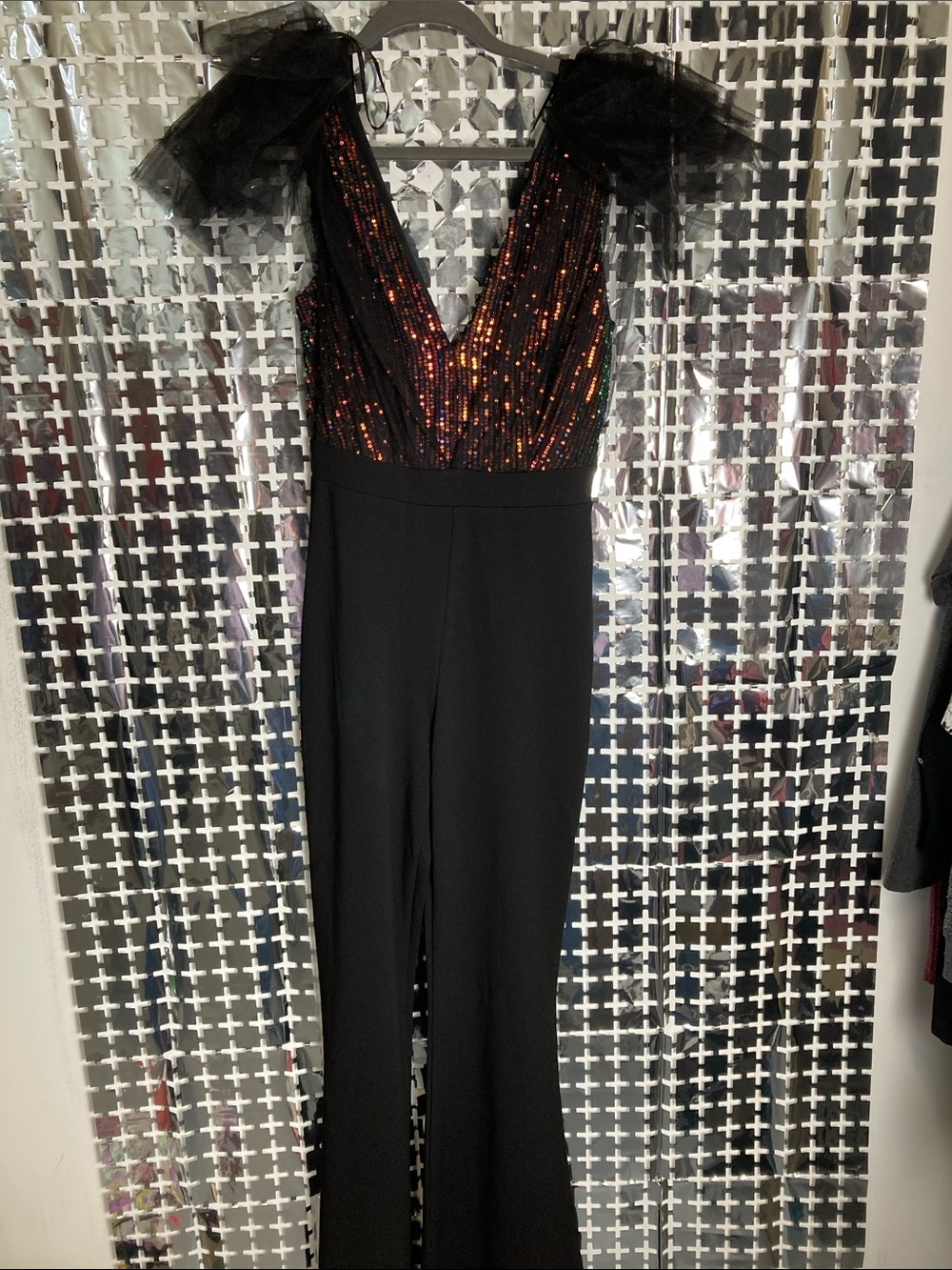 Fashion Nova Black Jumpsuit with Multi-Tone Sequin Bodice and Tulle Shoulders
